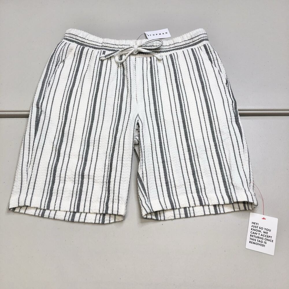 TOPMAN Shorts White Black Stripe Size 34 Waist Drawstring Waistband Cotton